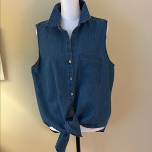Blue Denim Notched Collar Button Down Shirt with Tie Front